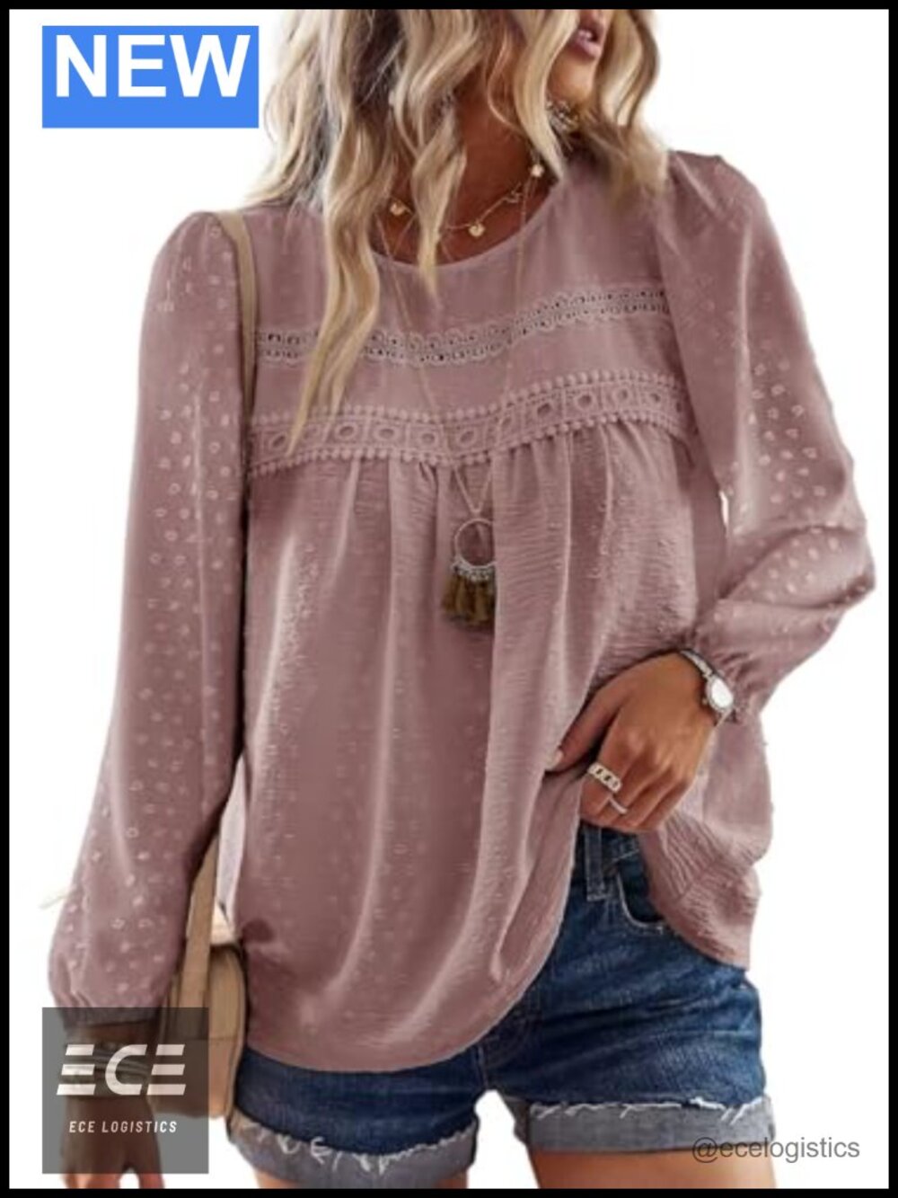 Womens Crochet Lace Boho Blouse Long Sleeve Crew Neck Loose Fit Top